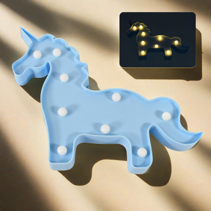 Blue 3D LED Unicorn night light for kids with glowing bulbs for a magical ambiance