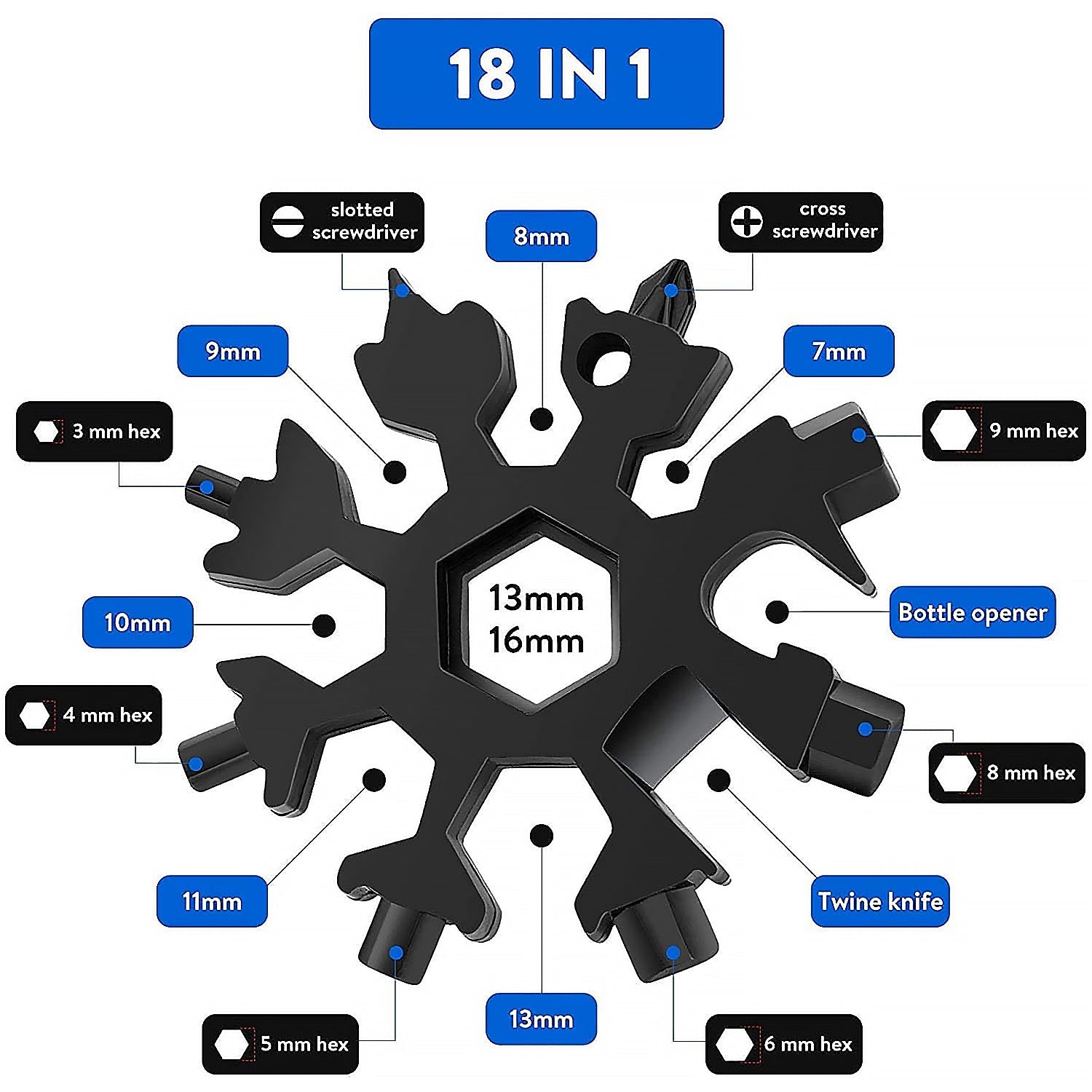 Durable & Portable 18 in 1 Snowflake Multi-Tool, Snowflake Bottle Opener Flat Ph - 15002_18in1_snowflake_tool_black