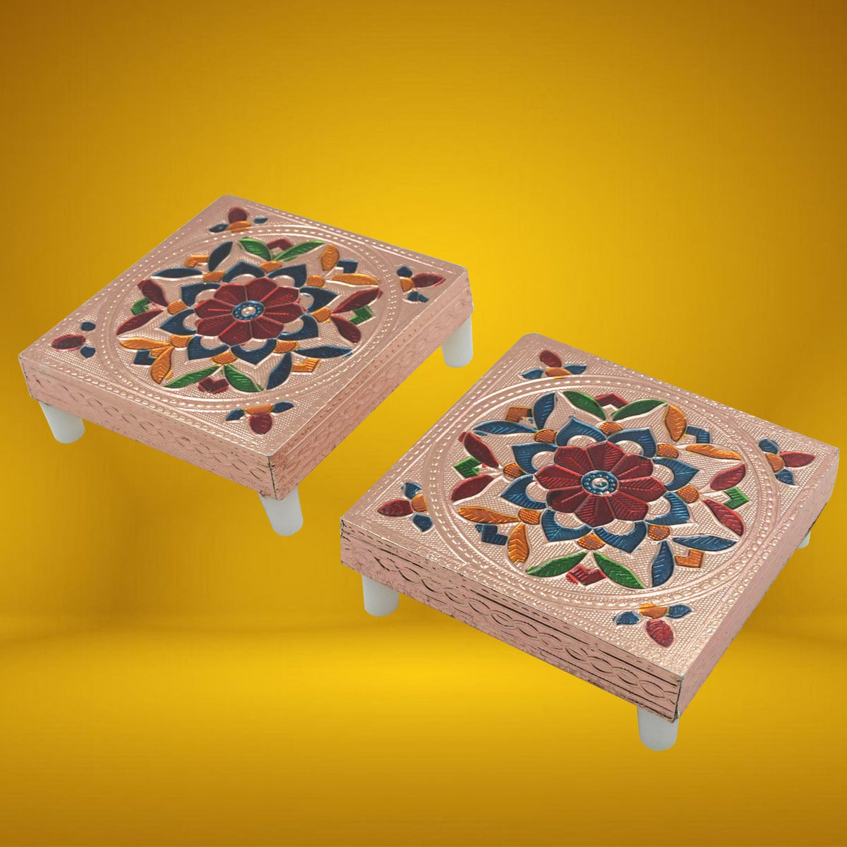 Colorful Meenakari wooden chowki with intricate designs