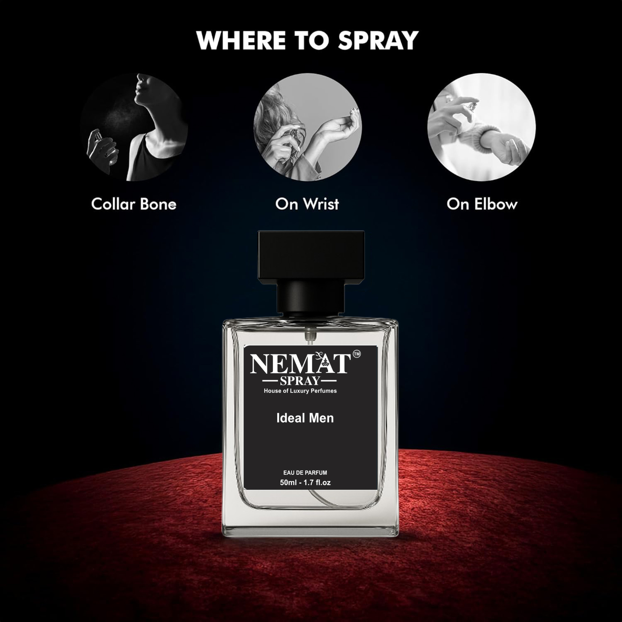 Nemat Ideal Men perfume bottle on red velvet. Infographic shows spraying on collar bone, wrist, and elbow.
