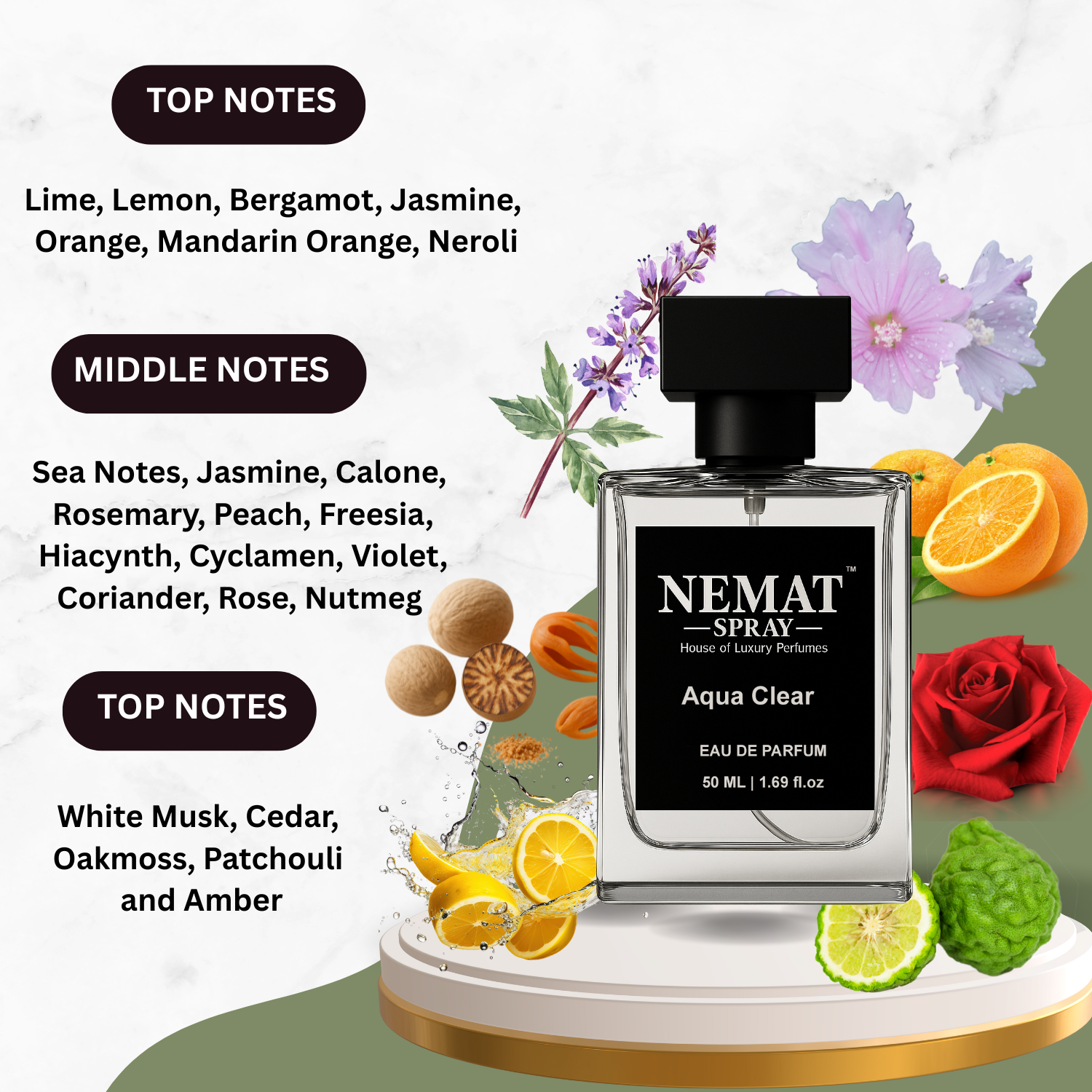 Nemat Aqua Clear perfume bottle with black cap, citrus and floral icons, and top, middle, and base fragrance notes.