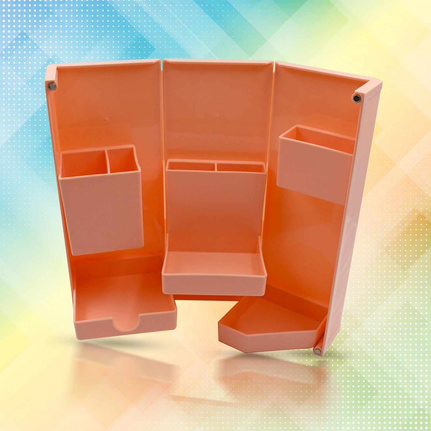 Foldable and magnetic desk storage box for stationery.