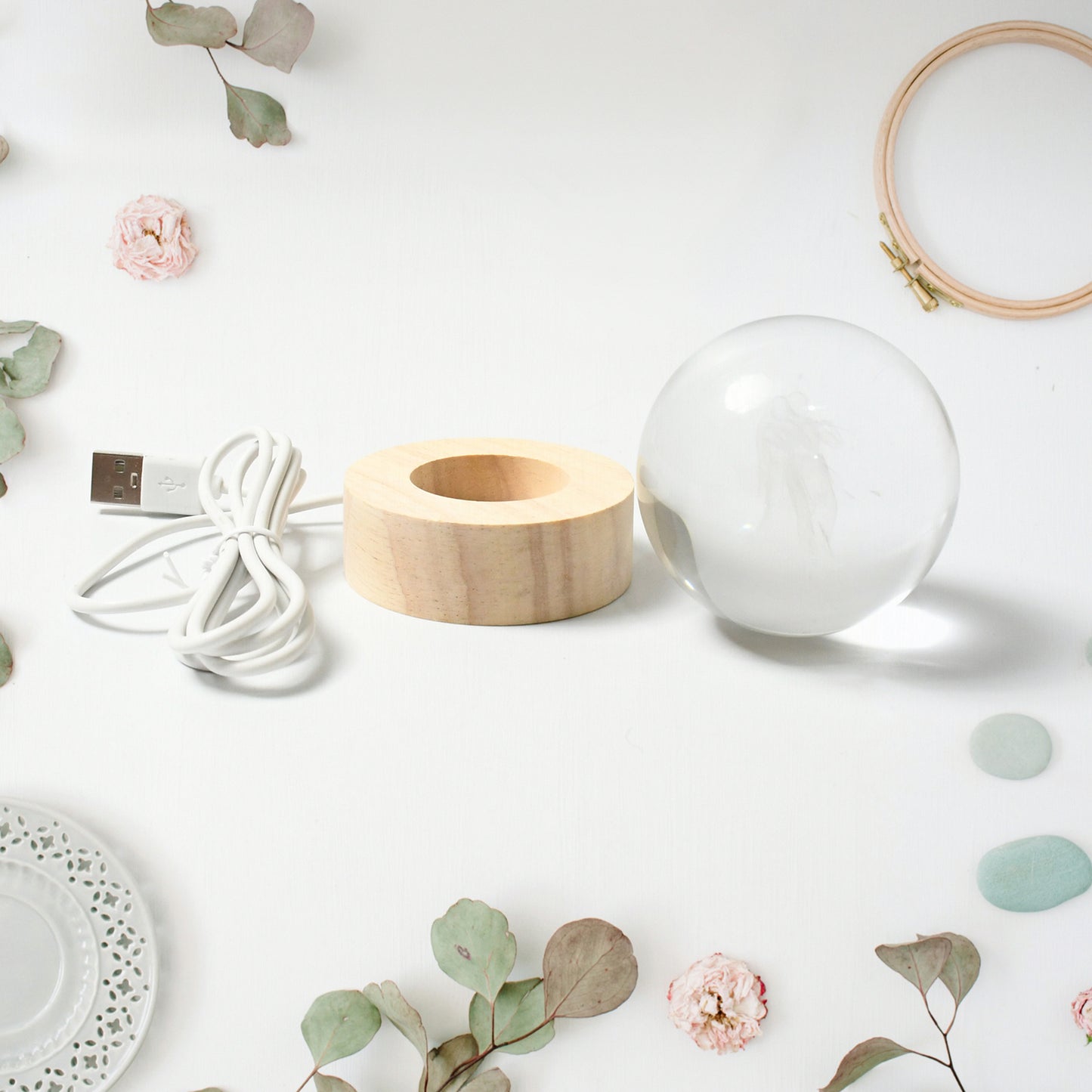 3D crystal ball lamp for bedroom with wooden base and USB charging cable, perfect for stylish decor