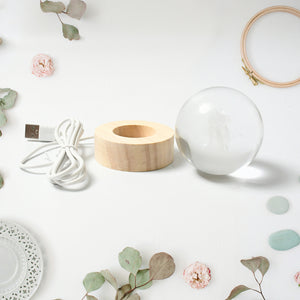 3D crystal ball lamp for bedroom with wooden base and USB charging cable, perfect for stylish decor