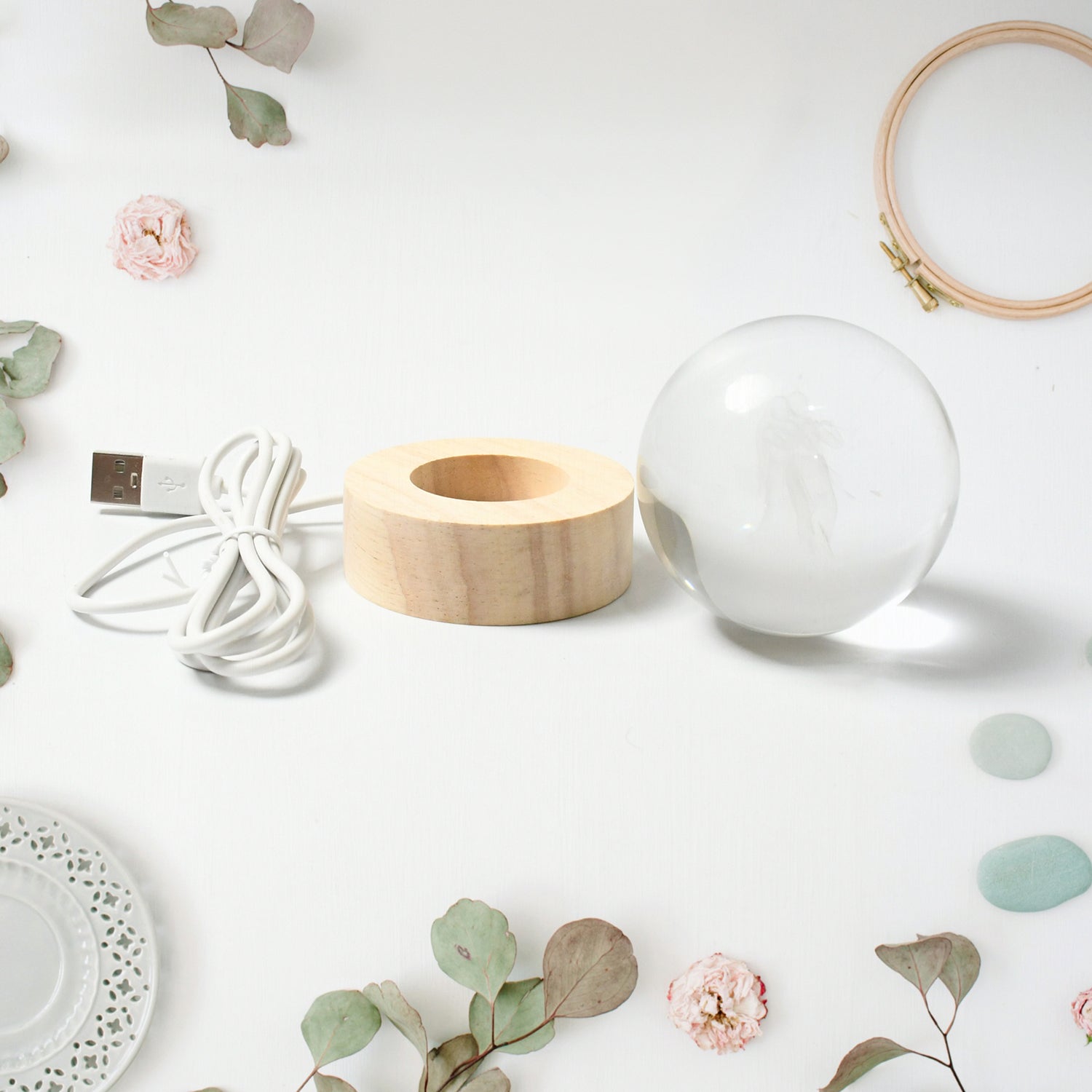 3D crystal ball lamp for bedroom with wooden base and USB charging cable, perfect for stylish decor