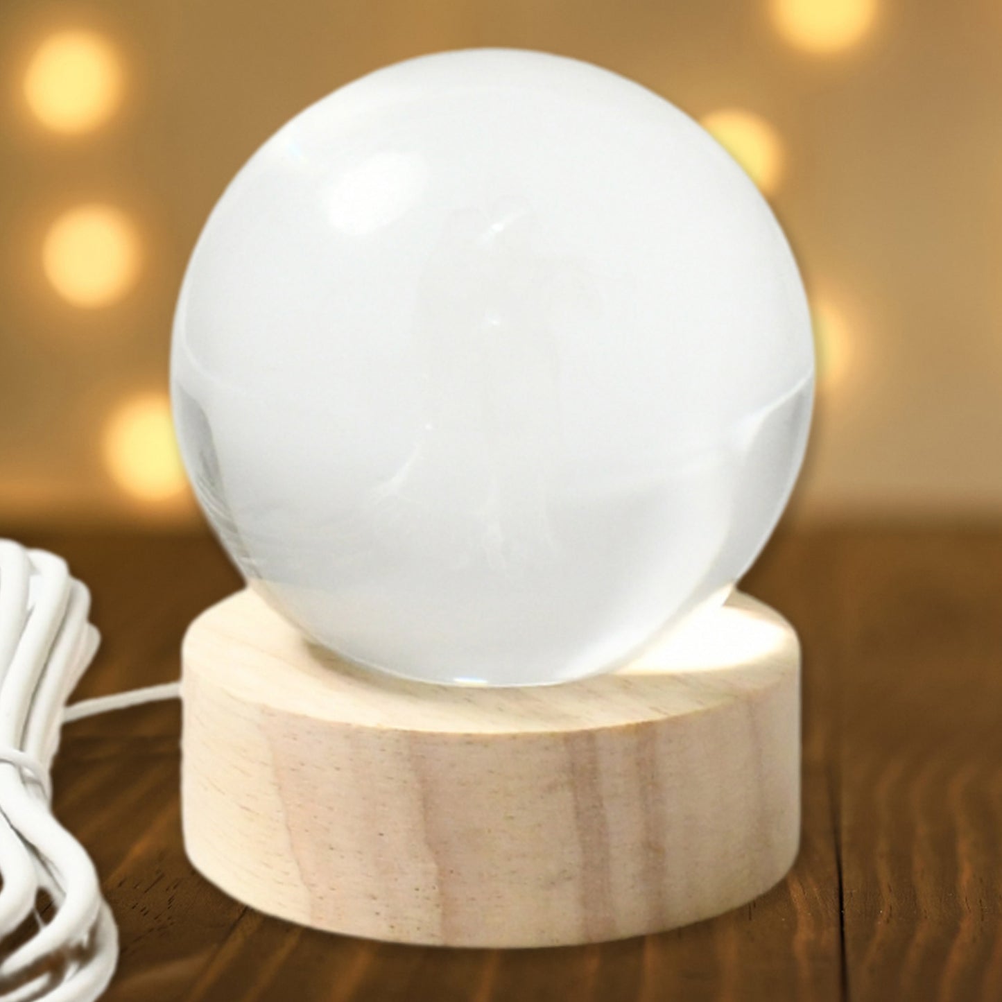3D crystal ball lamp for bedroom with a wooden base and soft glow for ambient lighting