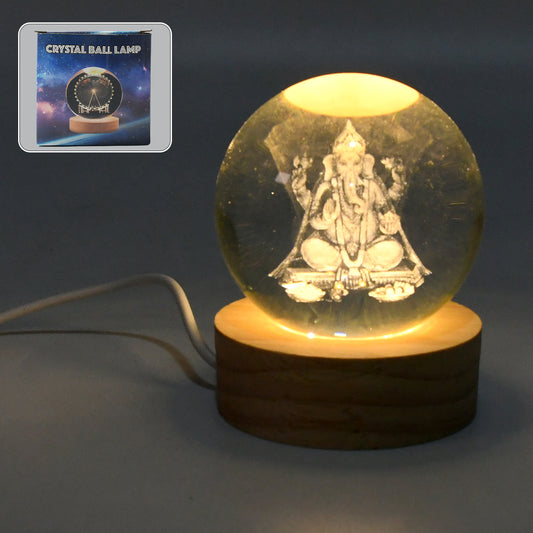 3D crystal ball lamps for bedroom with engraved design and wooden base for ambient lighting
