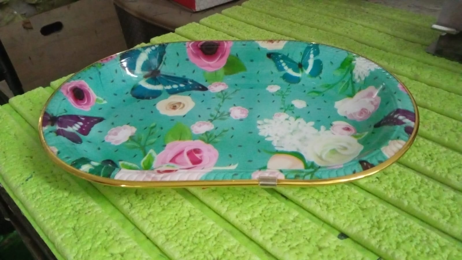 Big Plastic Flower Printed Design Serving Tray (1 Pc / 35 x 24 CM / Mix Color) - 10144_big_plastic_serving_tray_1pc