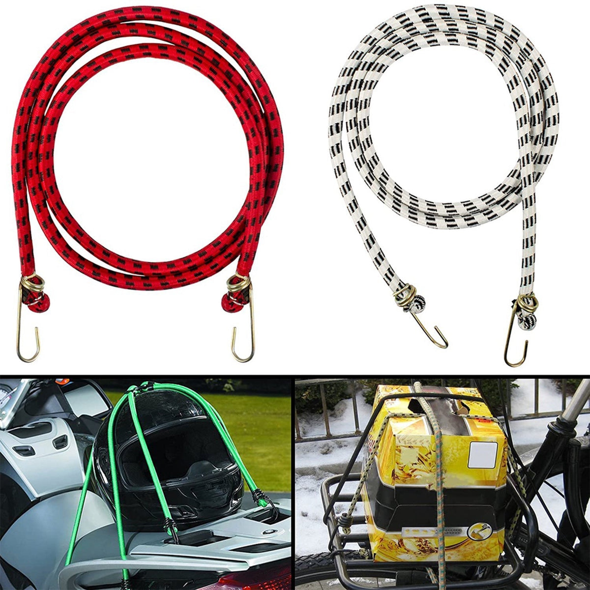 High-strength bungee cord with hooks for secure tying.