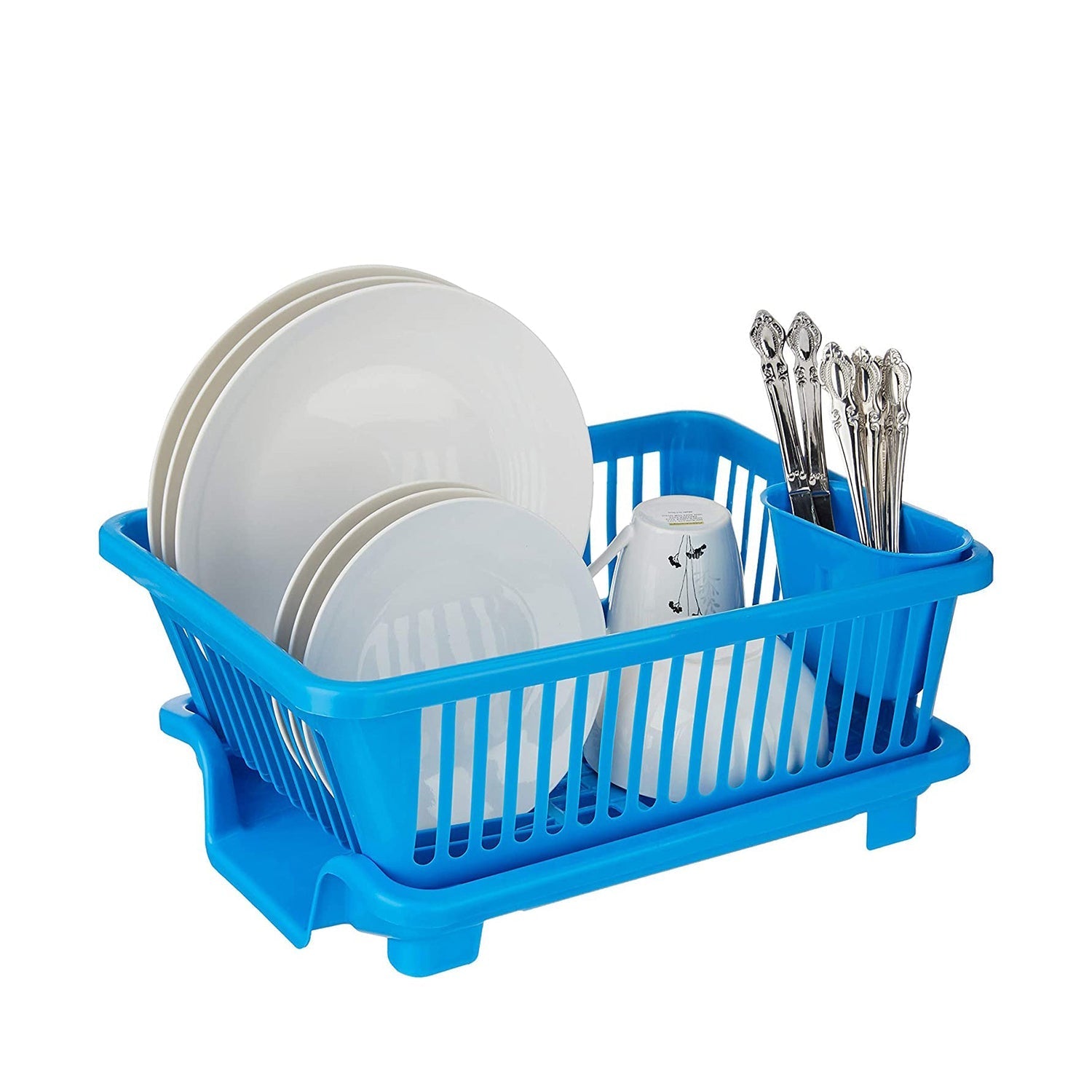 Plastic drying rack with a brown box for holding dishes, utensils, and kitchen items