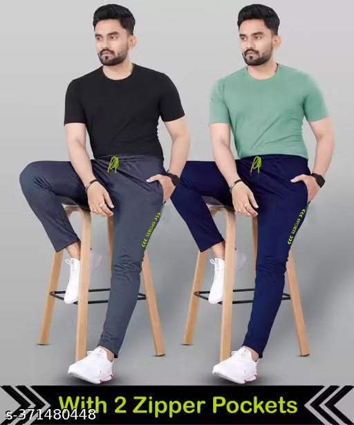 Track Pants for Men || Activewear Pants || Men’s Joggers Polyester with 2 Side Zipper Pockets Casual Trousers Stretchable (Sports | Gym | Yoga) (Green Sport)(Pack of 2)