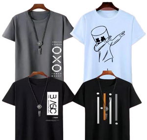 Four t-shirts with different designs on hangers against a white background