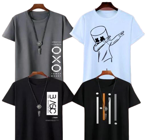 Four t-shirts with different designs on hangers against a white background