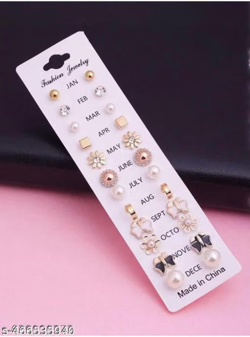 Beautiful 12 Pair Combo Set Zircon, Black, Pearl Brass, Stone, Silicone, Alloy, Silver Stud Earring, Hoop Earring, Cuff Earring, Ear Thread, Earring Set girls, and woman