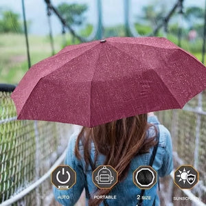 Person holding a red umbrella outdoors with product features displayed.