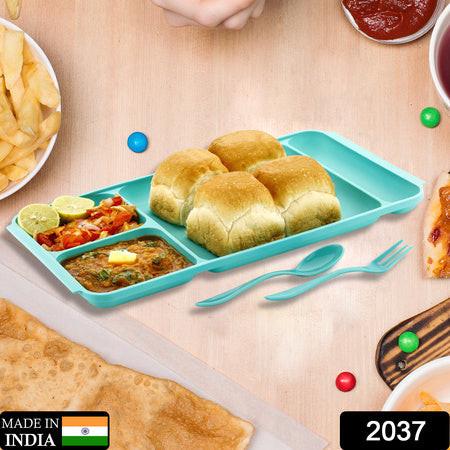 4-compartment plastic dinner plate set in teal with food servings ideal for family meals