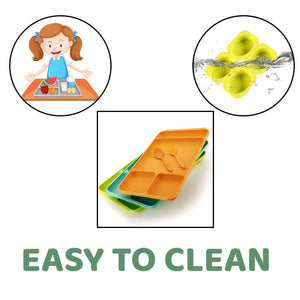 Colorful 4-compartment plastic dinner plate set designed for easy cleaning and meal organization