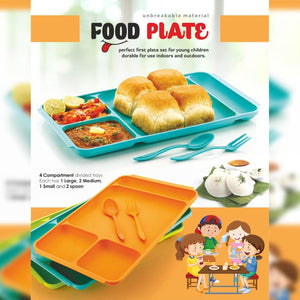 4-compartment plastic dinner plate set featuring divided trays for kids with colorful designs and utensils