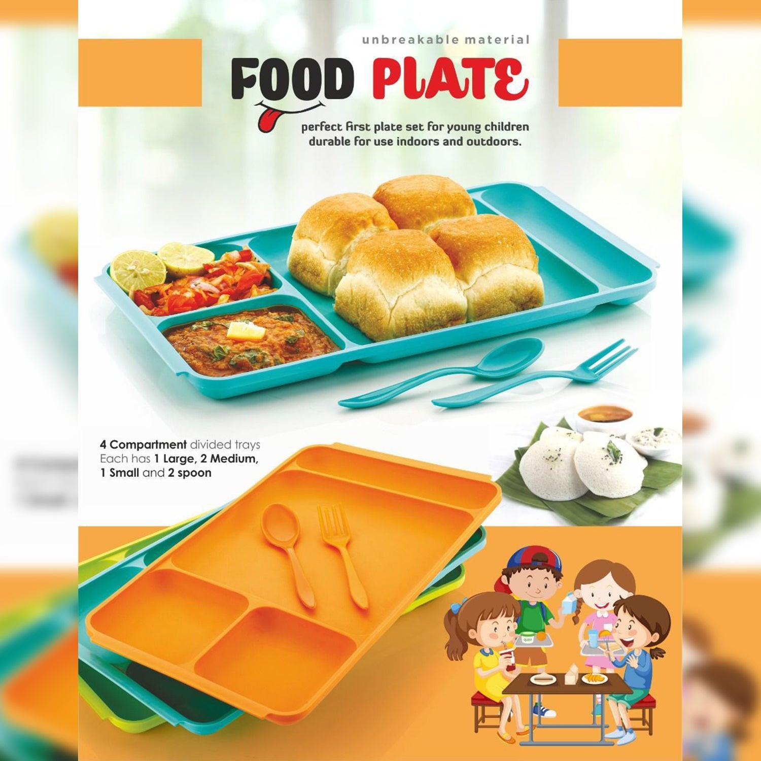 4-compartment plastic dinner plate set featuring divided trays for kids with colorful designs and utensils