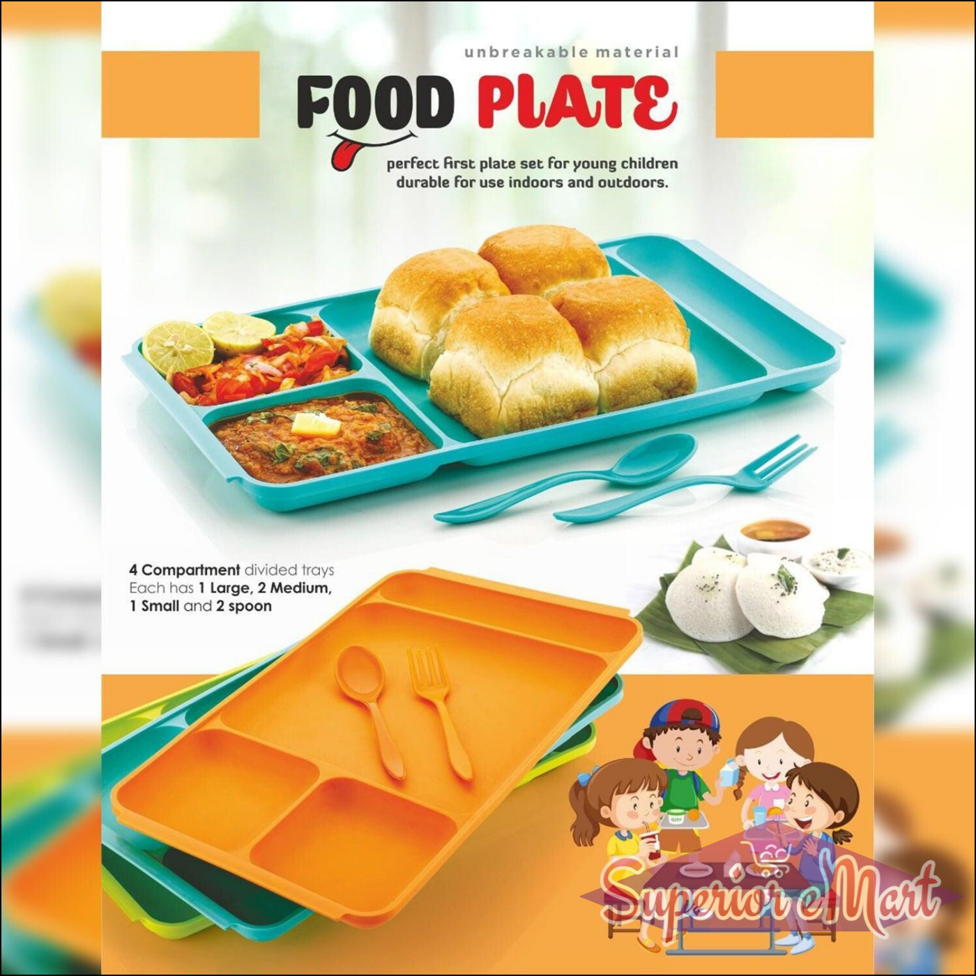 4-compartment plastic dinner plate set featuring divided trays for kids with colorful designs and utensils