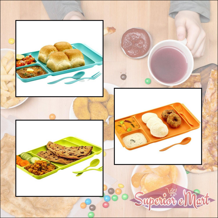 Colorful 4-compartment plastic dinner plate set ideal for serving multiple dishes at mealtime