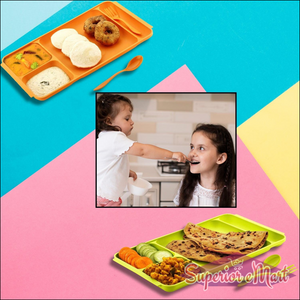4-compartment plastic dinner plate set in orange and green, perfect for serving meals and snacks