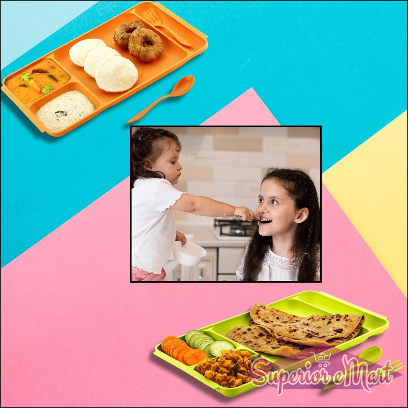 4-compartment plastic dinner plate set in orange and green, perfect for serving meals and snacks