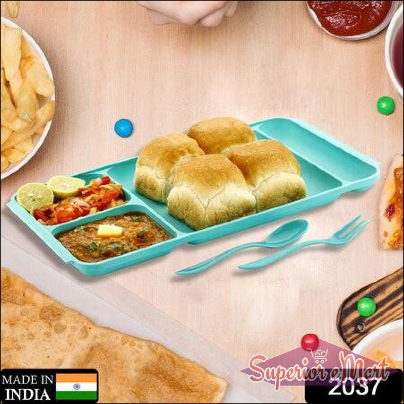 4-compartment plastic dinner plate set in teal with food servings ideal for family meals
