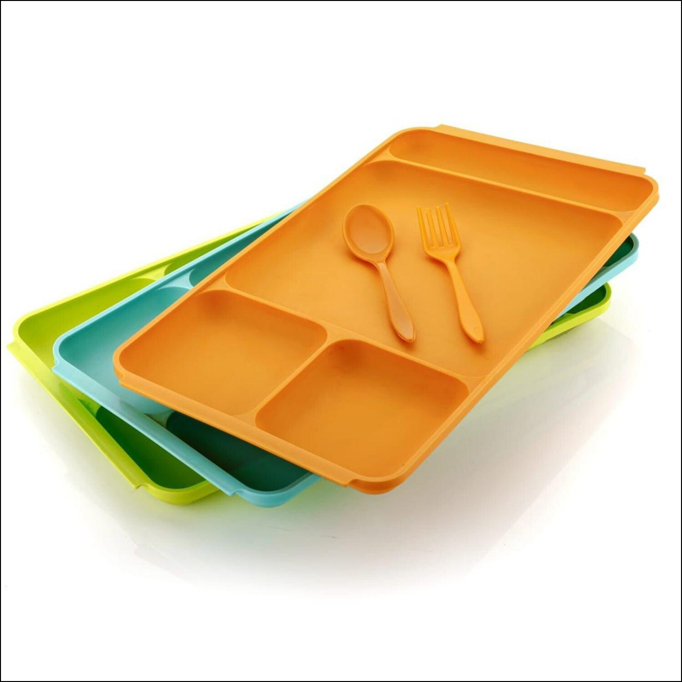 4-compartment plastic dinner plate set in vibrant colors with included fork and spoon for kids meal times