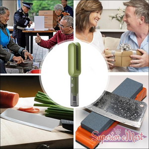 Collage of images including a person using a tool, a couple with a gift, and a knife sharpening stone.