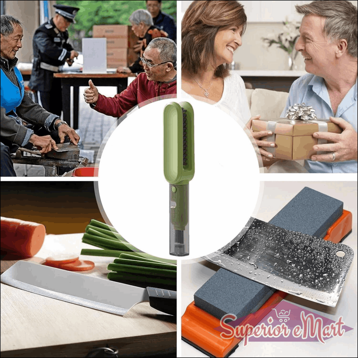 Collage of images including a person using a tool, a couple with a gift, and a knife sharpening stone.