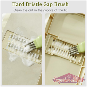Hard bristle gap brush cleaning a kitchen appliance with text indicating its use.