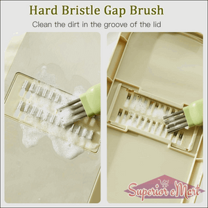 Hard bristle gap brush cleaning a kitchen appliance with text indicating its use.