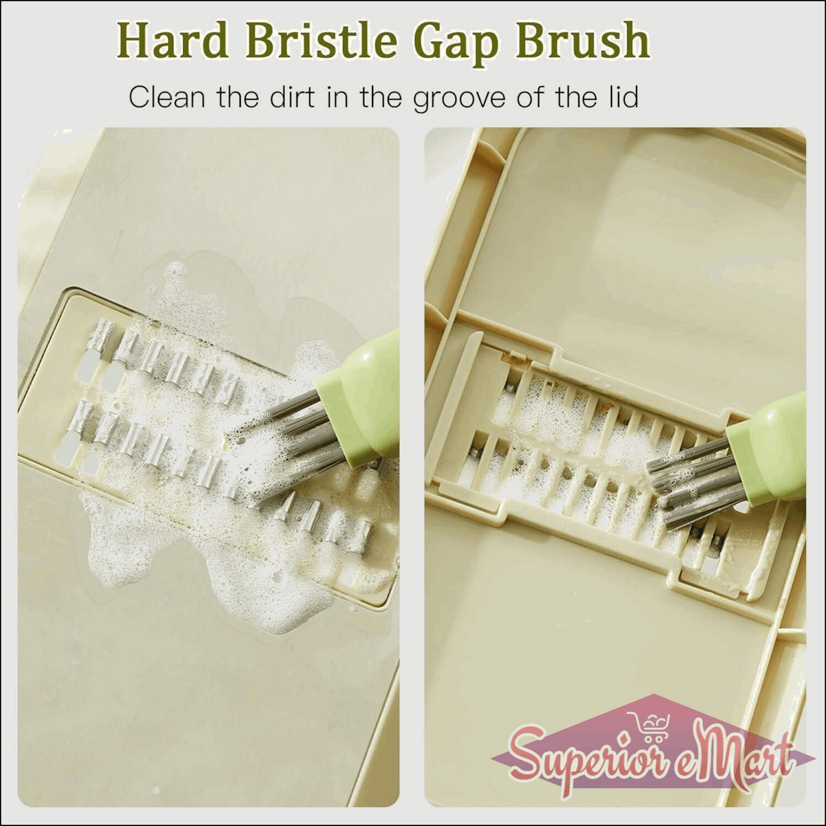 Hard bristle gap brush cleaning a kitchen appliance with text indicating its use.
