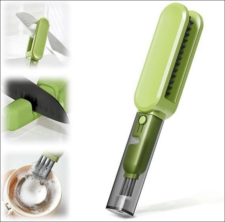 Green kitchen cleaning tool with brush and knife sharpener on a white background