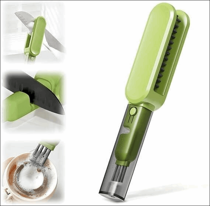 Green kitchen cleaning tool with brush and knife sharpener on a white background