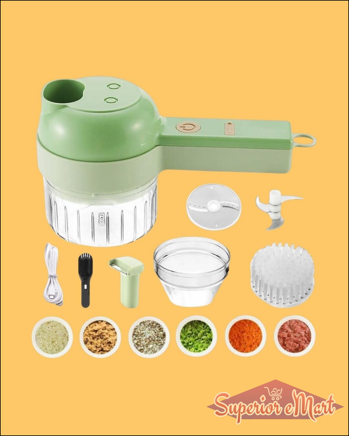 Green kitchen tool with attachments on a yellow background