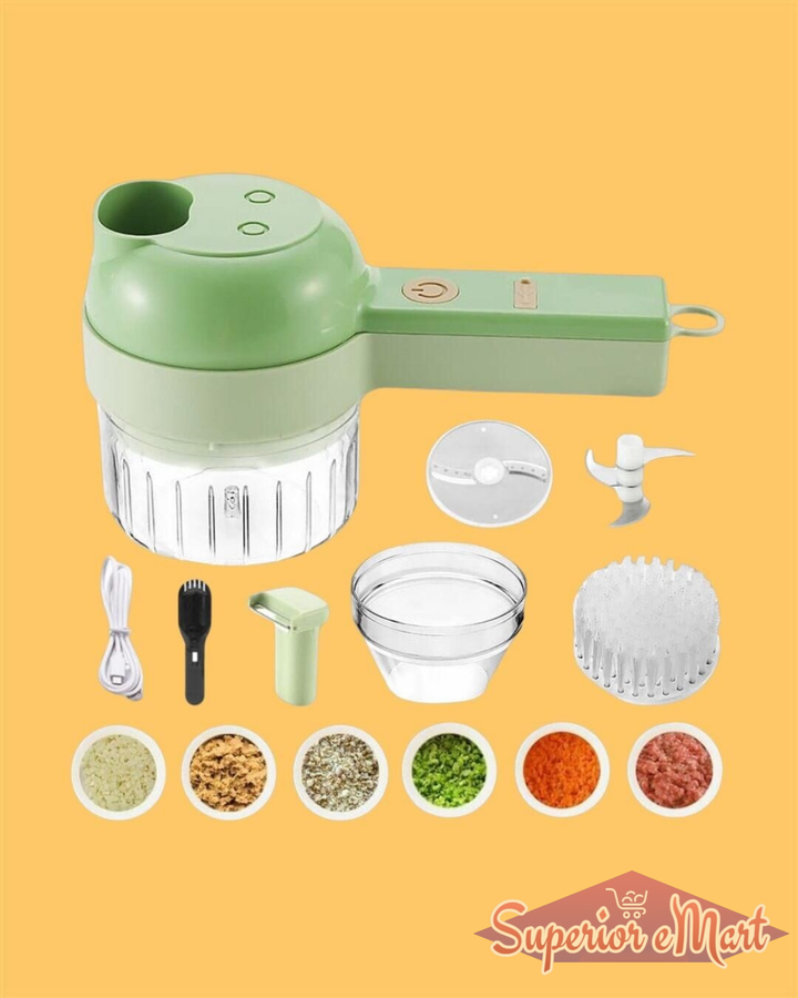 Green kitchen tool with attachments on a yellow background