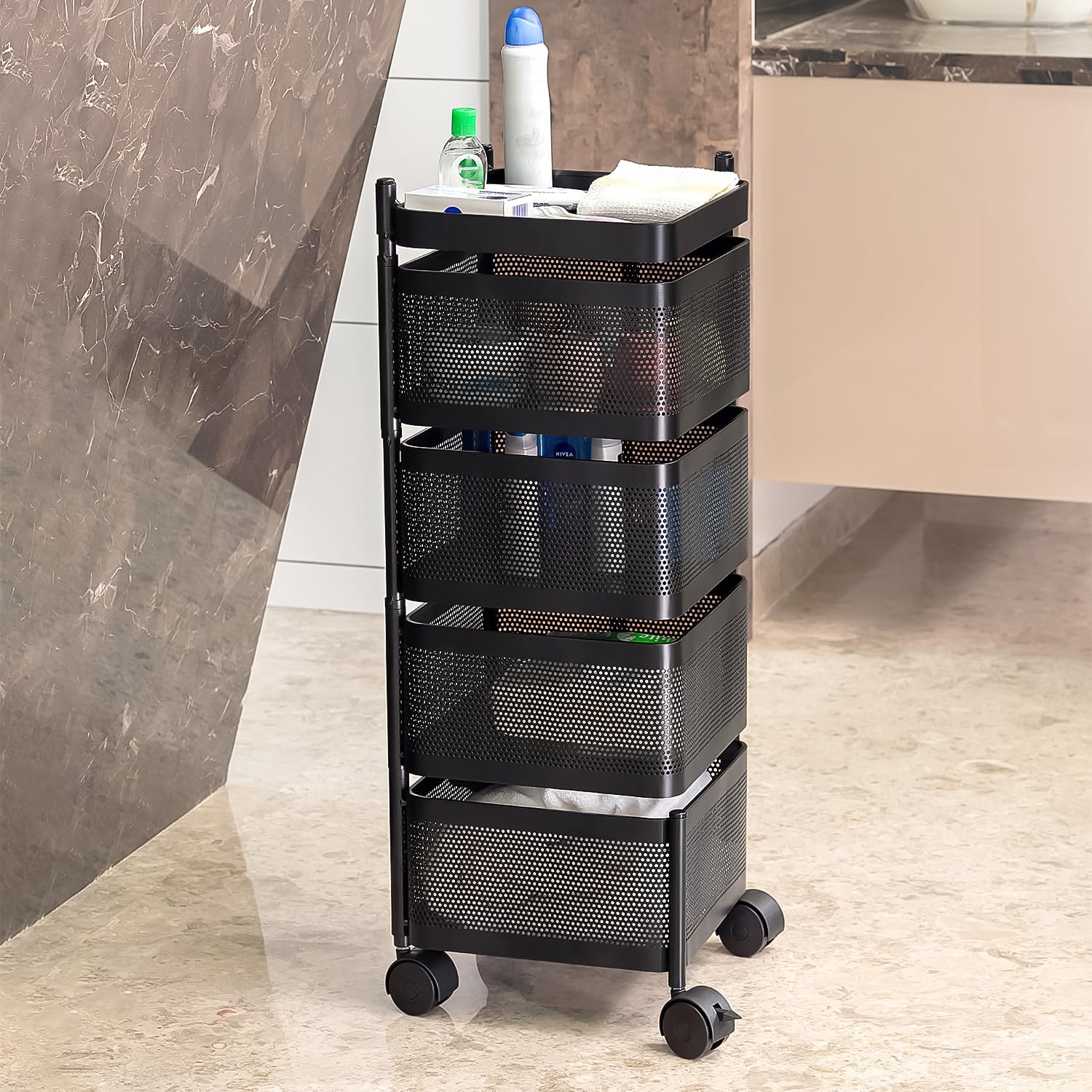 Superior eMart 4 layer kitchen storage cart in black metal with wheels holding cleaning supplies