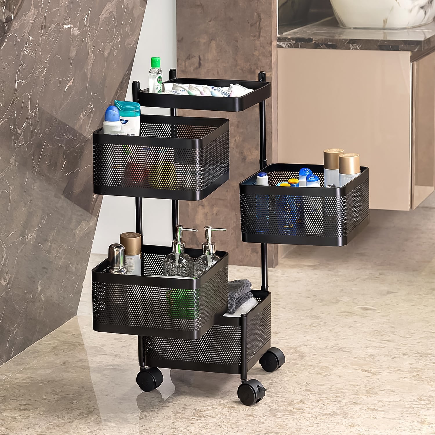Superior eMart 4 layer kitchen storage cart in black with mesh baskets and caster wheels for home organization