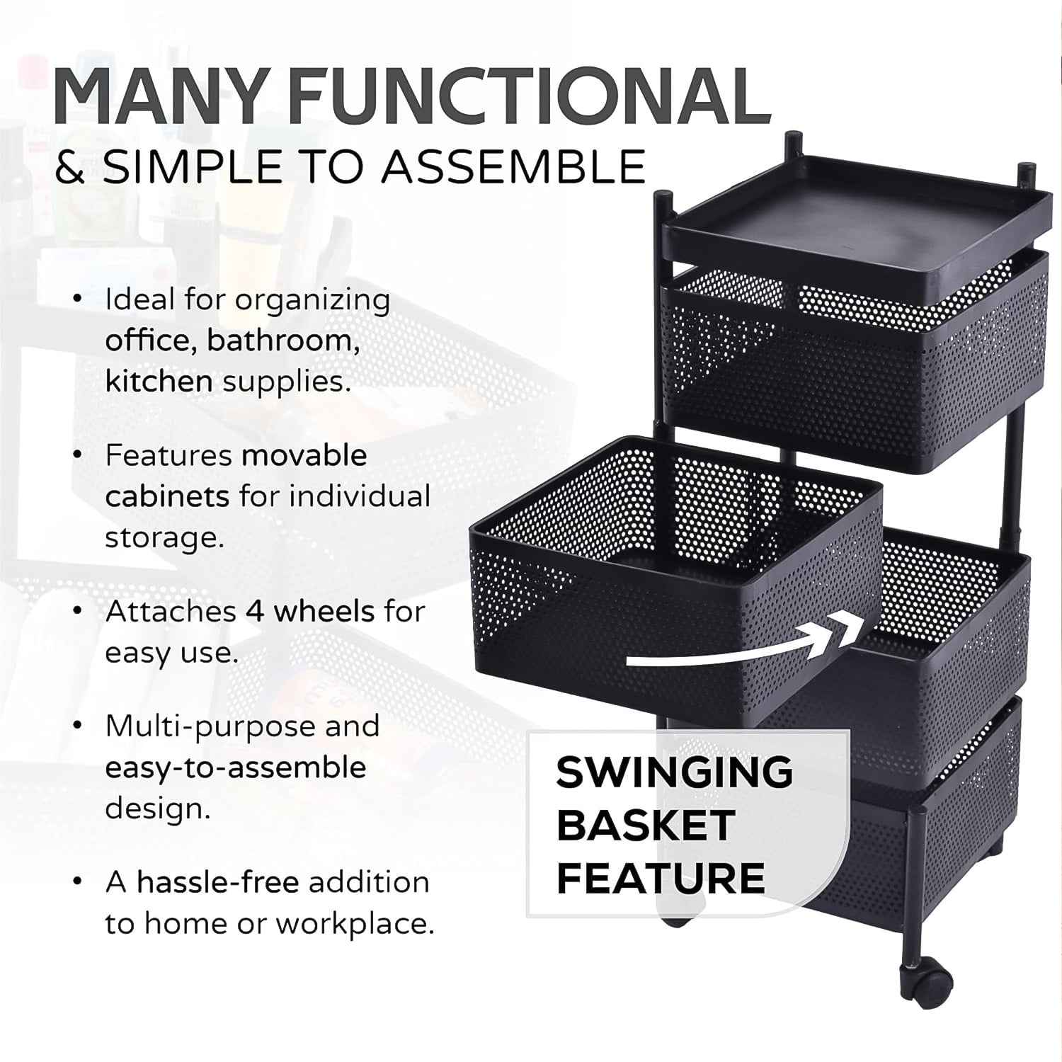 Superior eMart 4 layer kitchen storage cart with swinging basket feature and four wheels for easy mobility