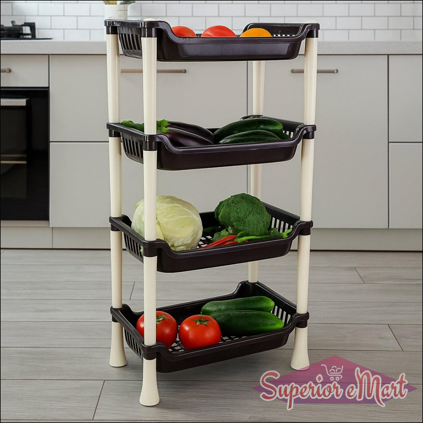 4-layer small storage rack in a kitchen, ideal for organizing fruits and vegetables