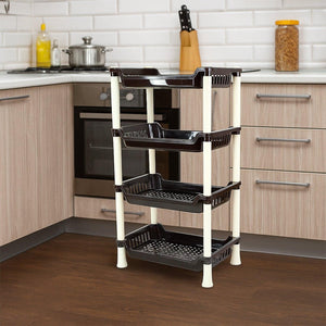 4-layer small storage rack in a kitchen for organized storage and easy access to kitchen supplies