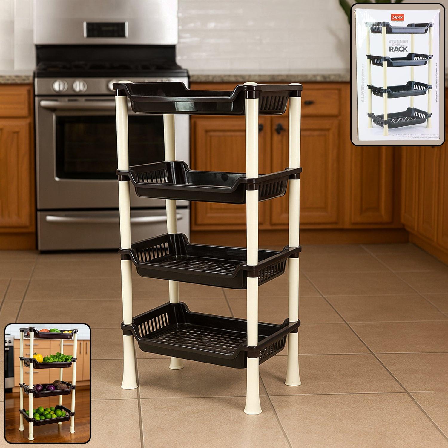 4-layer small storage rack with black baskets and white frame for organizing kitchen items