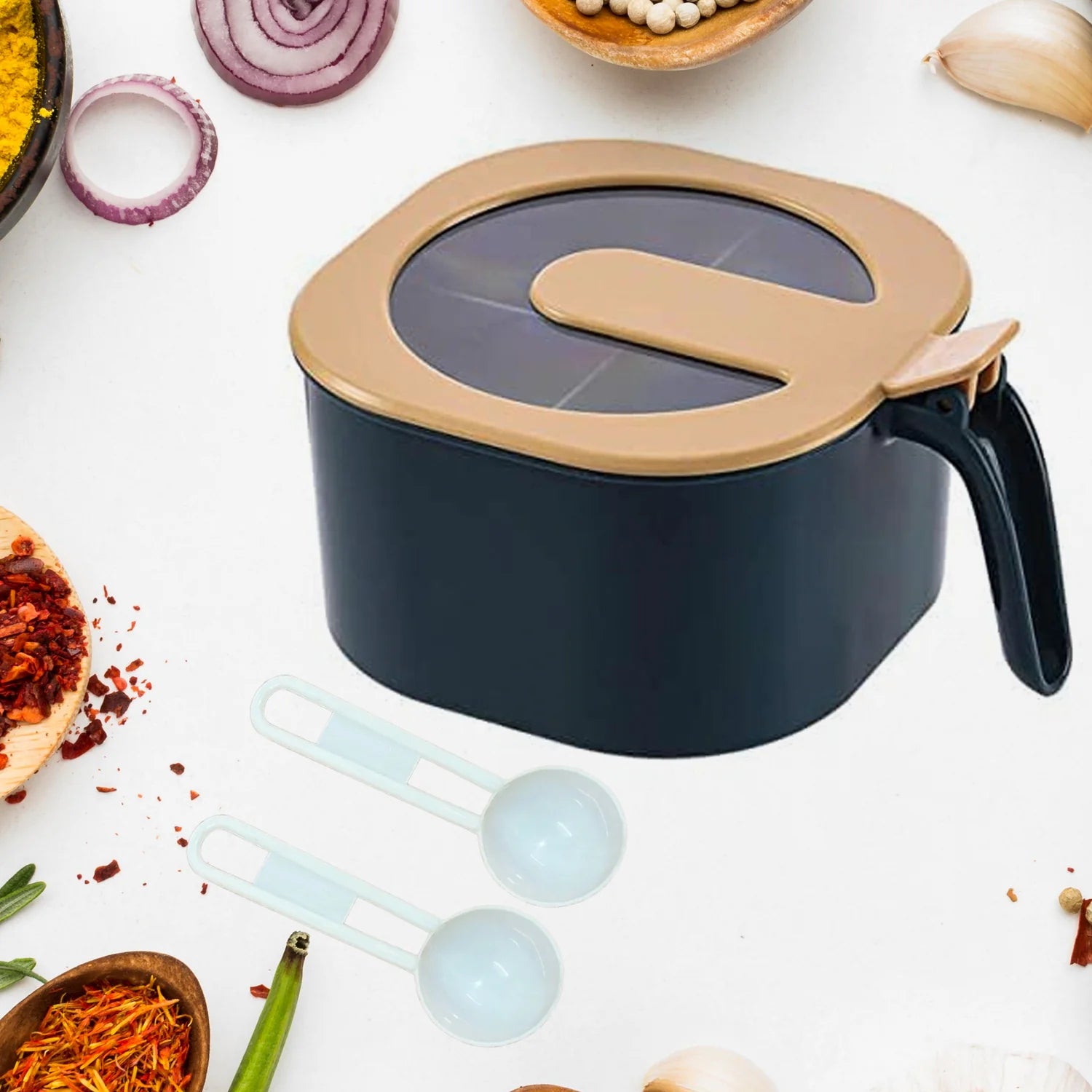 Stylish 4 section masala box with a secure lid and measuring spoons for easy spice storage