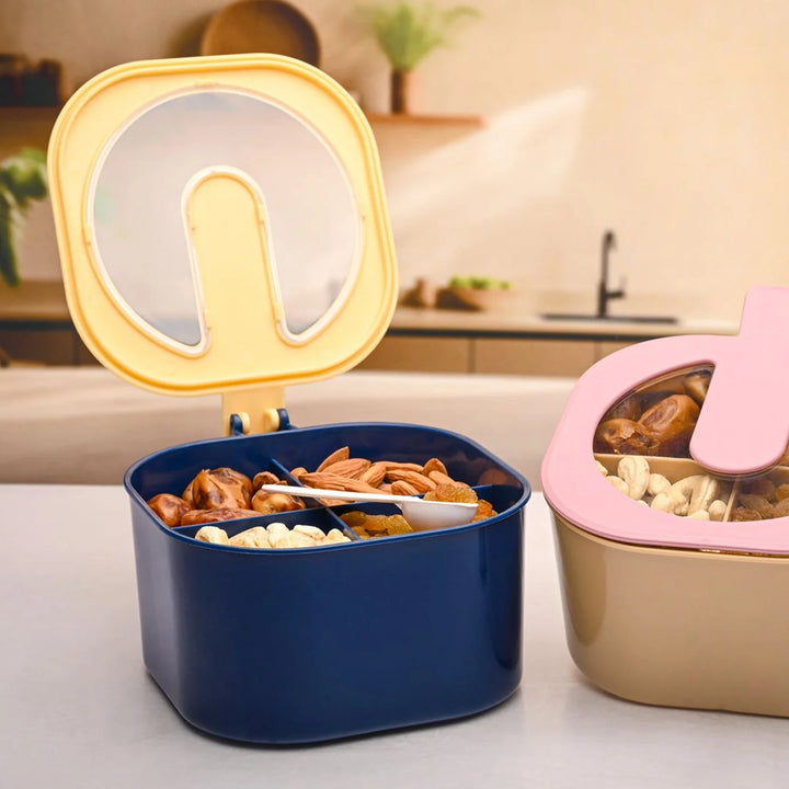 4 section masala box in navy and pink for organizing spices and snacks in the kitchen