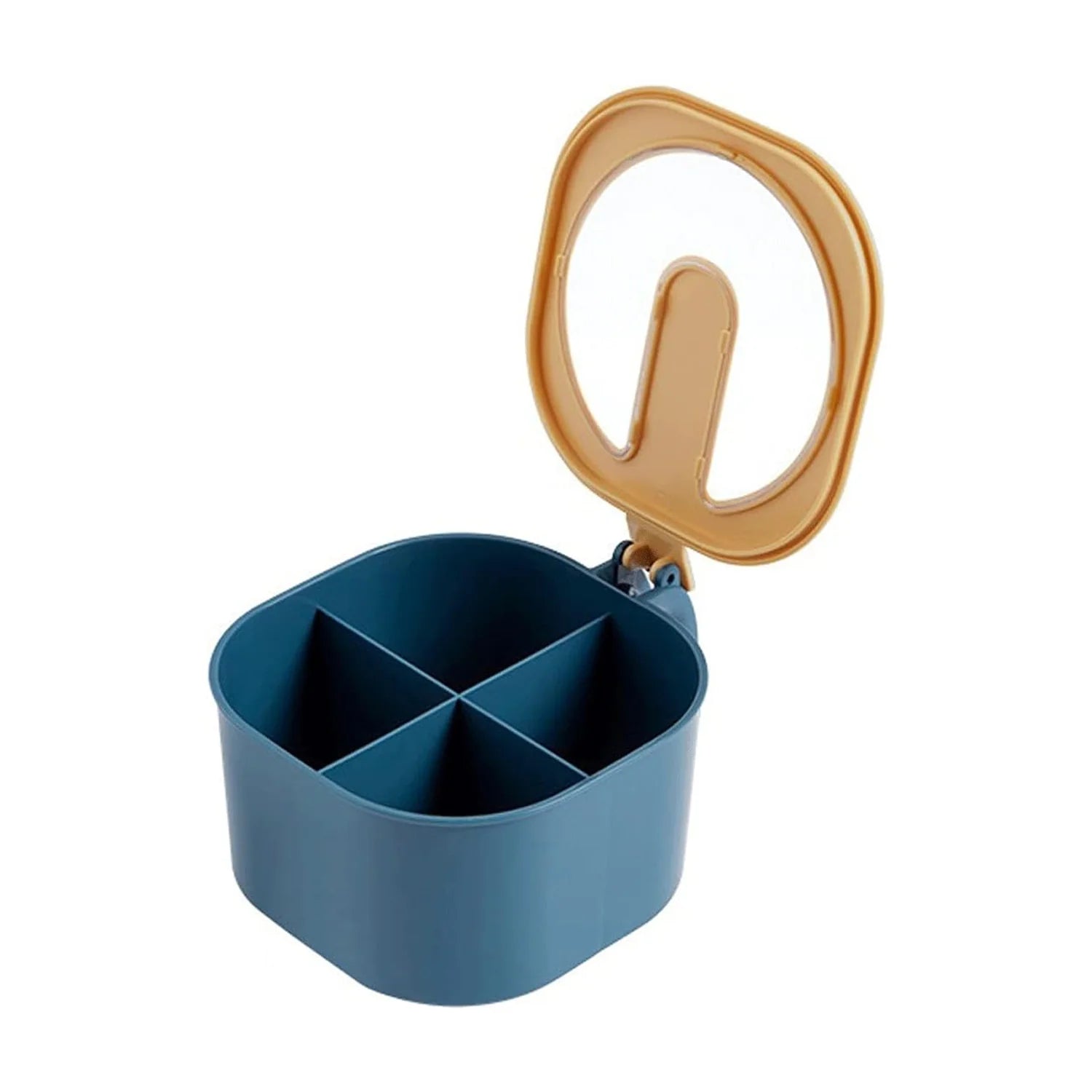 4 section masala box in blue with a transparent lid for storing spices and seasonings