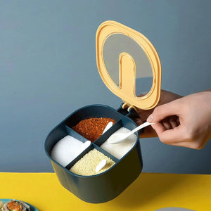4 section masala box with transparent lid and scoops for organizing spices and condiments in the kitchen