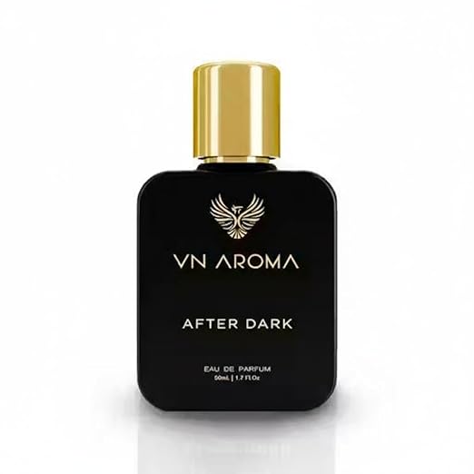 VN Aroma After Dark matte black perfume bottle with gold cap, gold wing logo, and text. 50ml Eau de Parfum.