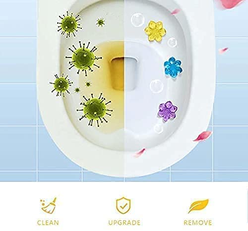 Split toilet: dirty side with green germs vs. clean side with colorful gel flowers. Clean, Upgrade, Remove icons.